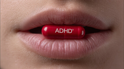 ADHD Medication Concept: lips Holding Red Pill with Text ADHD