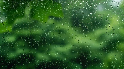 Obraz premium Raindrops on Window with Blurry Green Nature Background
