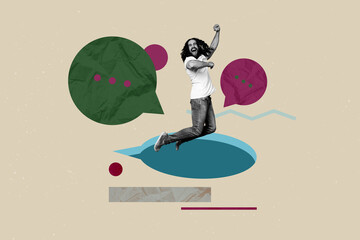 Creative full artwork collage of happy guy stand bubble communication icon chatterbox conversation...