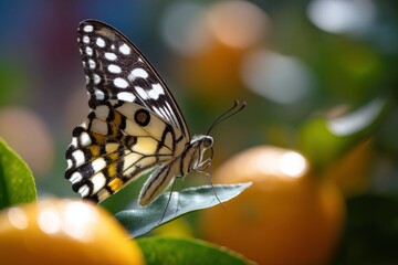 Butterfly on Leaf with Blurred Oranges