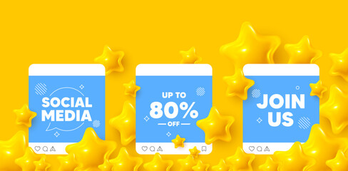 Discount tag social media post. Join us template mockup. Up to 80 percent off sale. Discount offer price sign. Special offer symbol. Save 80 percentages. Like, comment and share icons. Vector