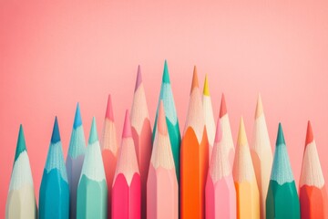 Colorful pencils arranged in a pattern on a pastel pink background