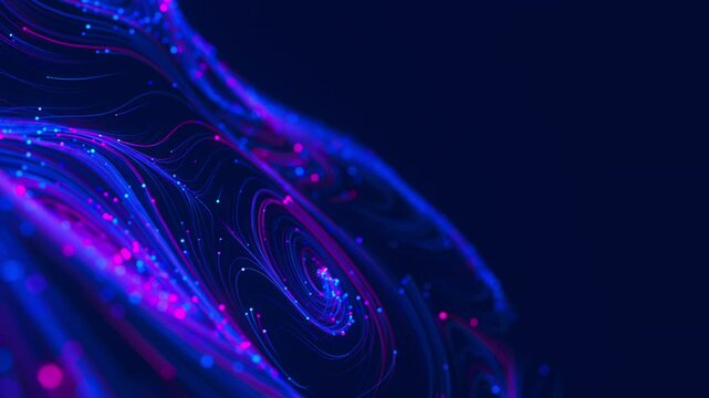 Closeup of Big data swirl patterns in futuristic cyberspace. Whirl flow of data in quantum digital network. Neon qubit stream with DOF.