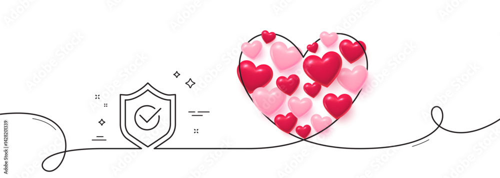Poster approved shield line icon. continuous line big heart. accepted or confirmed sign. protection symbol.