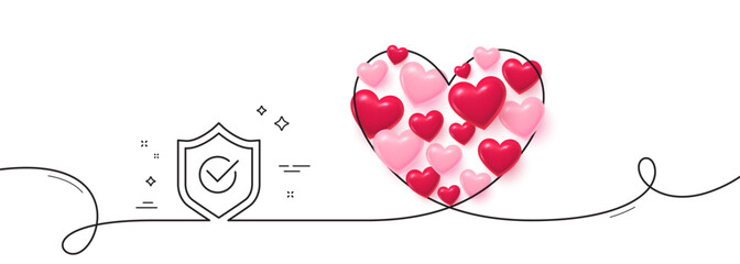 Approved shield line icon. Continuous line big heart. Accepted or confirmed sign. Protection symbol. 3d hearts in heart shaped loop. Approved shield single line ribbon. Loop curve pattern. Vector © blankstock