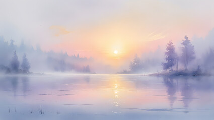 Ethereal watercolor landscape painting of misty lake at sunrise. Serene foggy forest reflection in calm water. Peaceful nature background illustration with soft pastel colors.