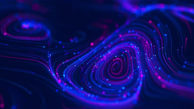 Big data swirl patterns in futuristic cyberspace. Whirl flow of data in quantum digital network. Neon qubit stream with DOF.
