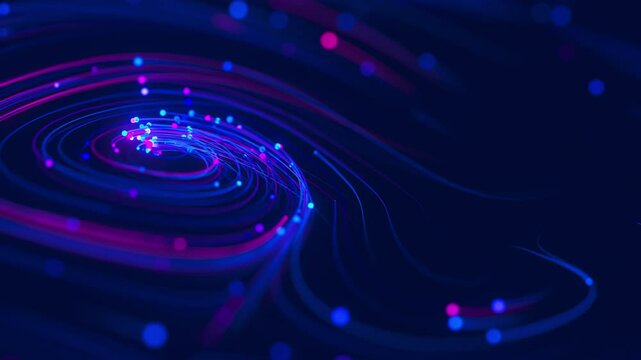 Closeup of Big data swirl patterns in futuristic cyberspace. Whirl flow of data in quantum digital network. Neon qubit stream with DOF.