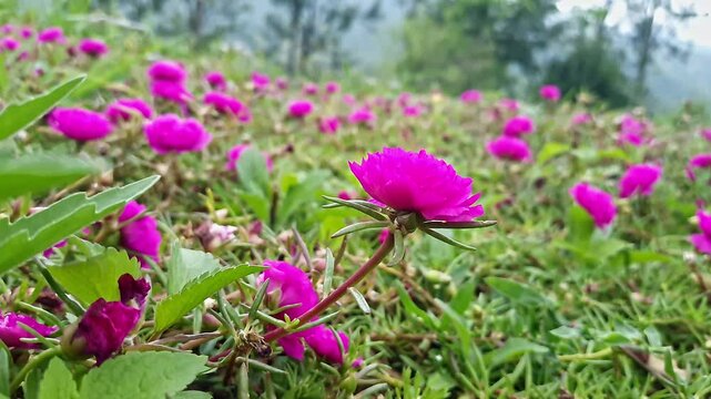A video of Purple Portulaca, Moss Rose or Sun Rose flowers in full bloom early morning light