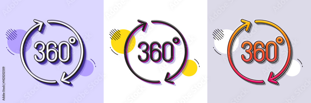 Poster 360 degrees line icon. halftone dotted pattern. gradient icon with grain shadow. vr simulation sign.