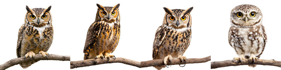 A group of captivating owls perched on branches
