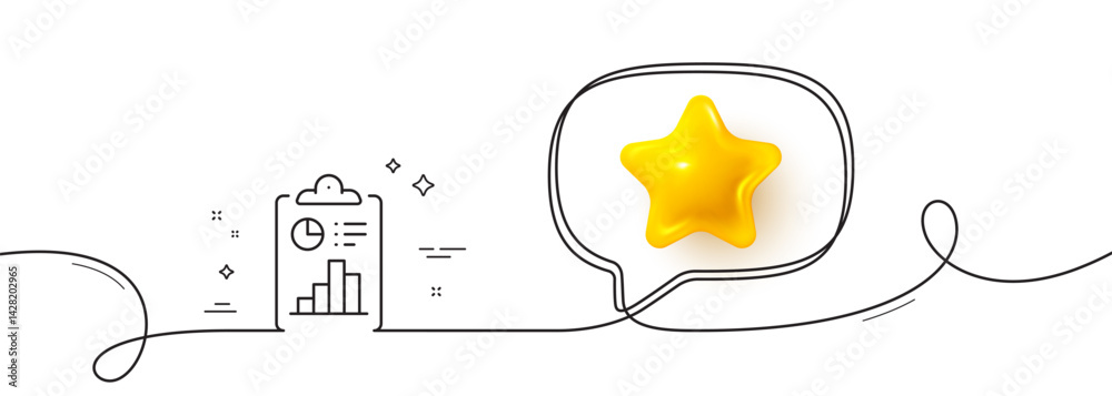 Poster report line icon. continuous line with 3d star. accounting clipboard document sign. budget info symb