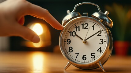 Classic Silver Alarm Clock With Hand Reaching to Adjust Time