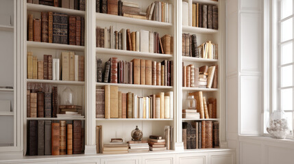 beautifully arranged bookshelf filled with various vintage books, showcasing warm color palette and elegant design