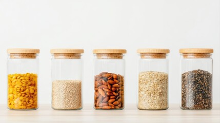 Assorted Jars with Nuts, Seeds, and Grains on Wooden Surface