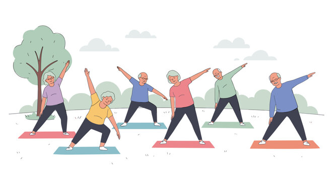 Active elderly group exercising outdoors in a park  