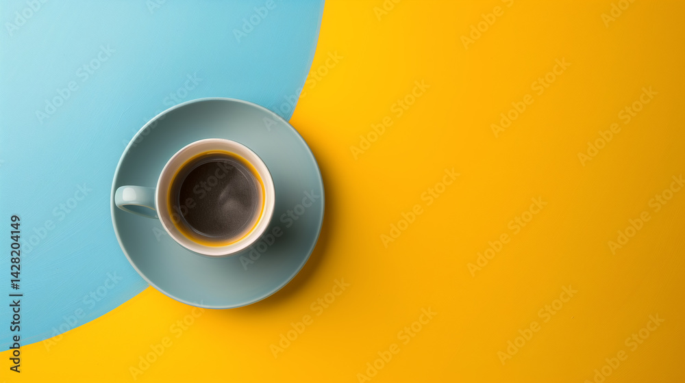 Aufkleber Minimalistic background copy space with cup and plate. Mug on colored background. Minimalistic geometric forms table copy space.