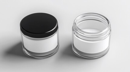 Two clear glass jars with black lids and white labels