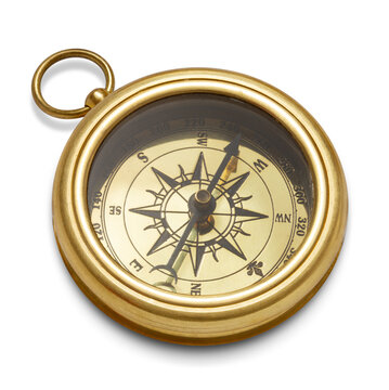 Old-fashioned brass compass isolated on white background