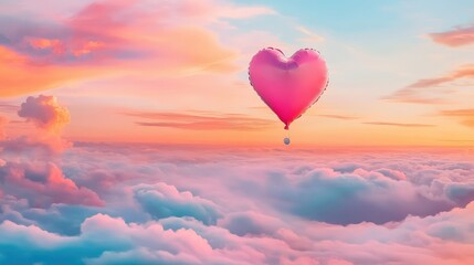 Obraz premium Pastel-toned sky with delicate heart balloon rising above clouds