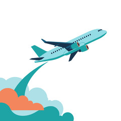 Airplane taking off into blue sky with colorful clouds  