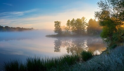 Fototapeta premium A tranquil, misty morning scene with soft fog rolling over a calm body of water, surrounded by trees.