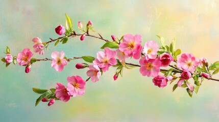 Obraz premium Pink-flowered branch captured against a natural background with soft green tones