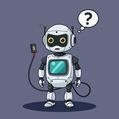 Fototapeta premium Curious robot pondering a question against a grey background 