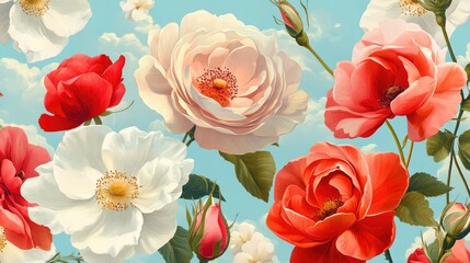 Rose-themed surface design with bold red and white blooms on sky blue background