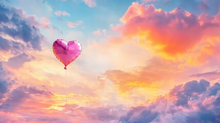 Fototapeta premium Serene atmosphere with a pink heart balloon floating high in a beautiful cloudy sky
