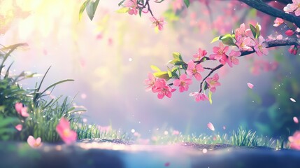 Spring-themed image with pink blossoms emerging from leafy branch and soft background