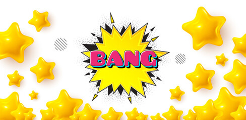 Bang bubble winner banner with 3d stars. Golden stars banner. Bang comic cartoon bubble banner. Discount sticker shape. Cartoon boom icon. Review rate background. Vector