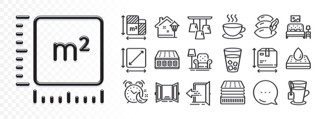 Entrance, Ice tea and Square meter line icons for web app. Glare of light effect. Message icon. Pack of Square area, Ceiling lamp, Cappuccino pictogram icons. Alarm, Tea, Open door signs. Vector