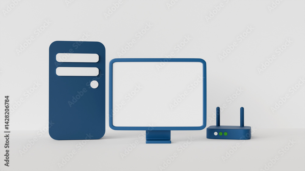 Wall mural a computer with a white screen and a router on a white background, used as a template or layout for 