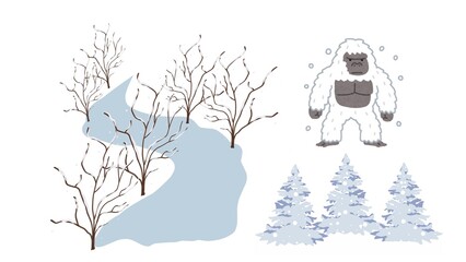 Beautiful winter illustration with snow-covered trees, frosty landscape, and cold atmosphere on white background.