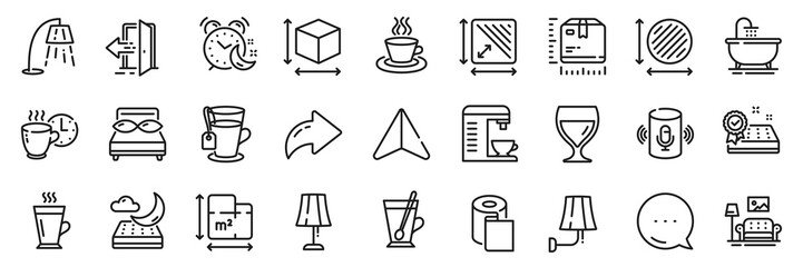 Tea mug, Alarm and Coffee machine line icons pack. Share, Message, Paper plane icons. Pillows, Entrance, Coffee break web icon. Bath, Wall lamp, Wine glass pictogram. Vector