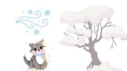 Beautiful winter illustration with snow-covered trees, frosty landscape, and cold atmosphere on white background.