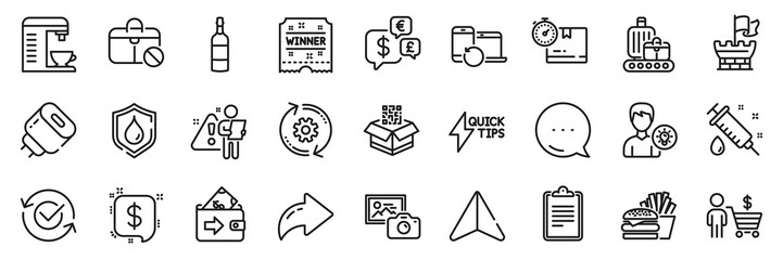 Medical syringe, Person idea and Buyer line icons pack. Share, Message, Paper plane icons. Cardboard box, Recovery devices, Qr code web icon. Cogwheel, Brandy bottle, Waterproof pictogram. Vector
