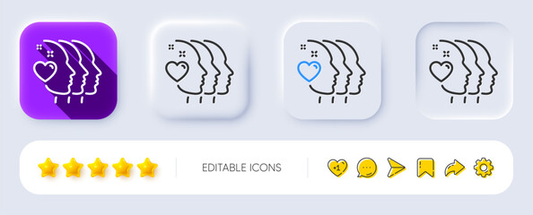 Friends couple line icon. Neumorphic, Flat shadow, 3d buttons. Friendship sign. Assistance business symbol. Line friends couple icon. Social media icons. Vector