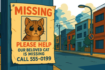 Missing Cat Flyer with Sad Illustration in Urban Setting