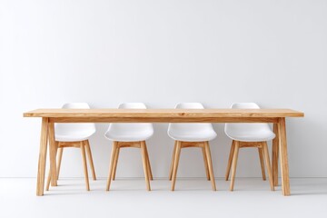 Coworking space remote work collaboration concept. A minimalist dining setup featuring a wooden table paired with modern white chairs against a plain backdrop.
