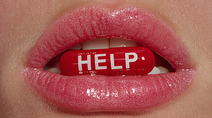 Medication Concept: Lips Holding Red Pill with Text HELP