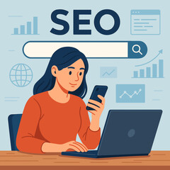 Woman engaged in SEO research with laptop and smartphone background  