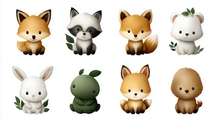 Grid of cute 3d baby animal icons on white background

