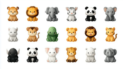 Grid of cute 3d baby animal icons on white background

