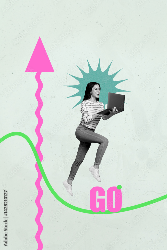Poster Creative graphics collage of person levitate reach use netbook with arrow up go on pastel color background