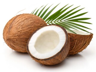 Whole and Halved Coconuts with Green Palm Leaf