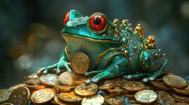 The mystical Money Frog, Chan Chu, with its jade-green body and golden accents, sits majestically on a mound of ancient gold coins.