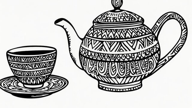 Ornate Teapot and Cup Illustration