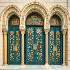 Ornate Teal and Gold Doors with Intricate Architectural Details
